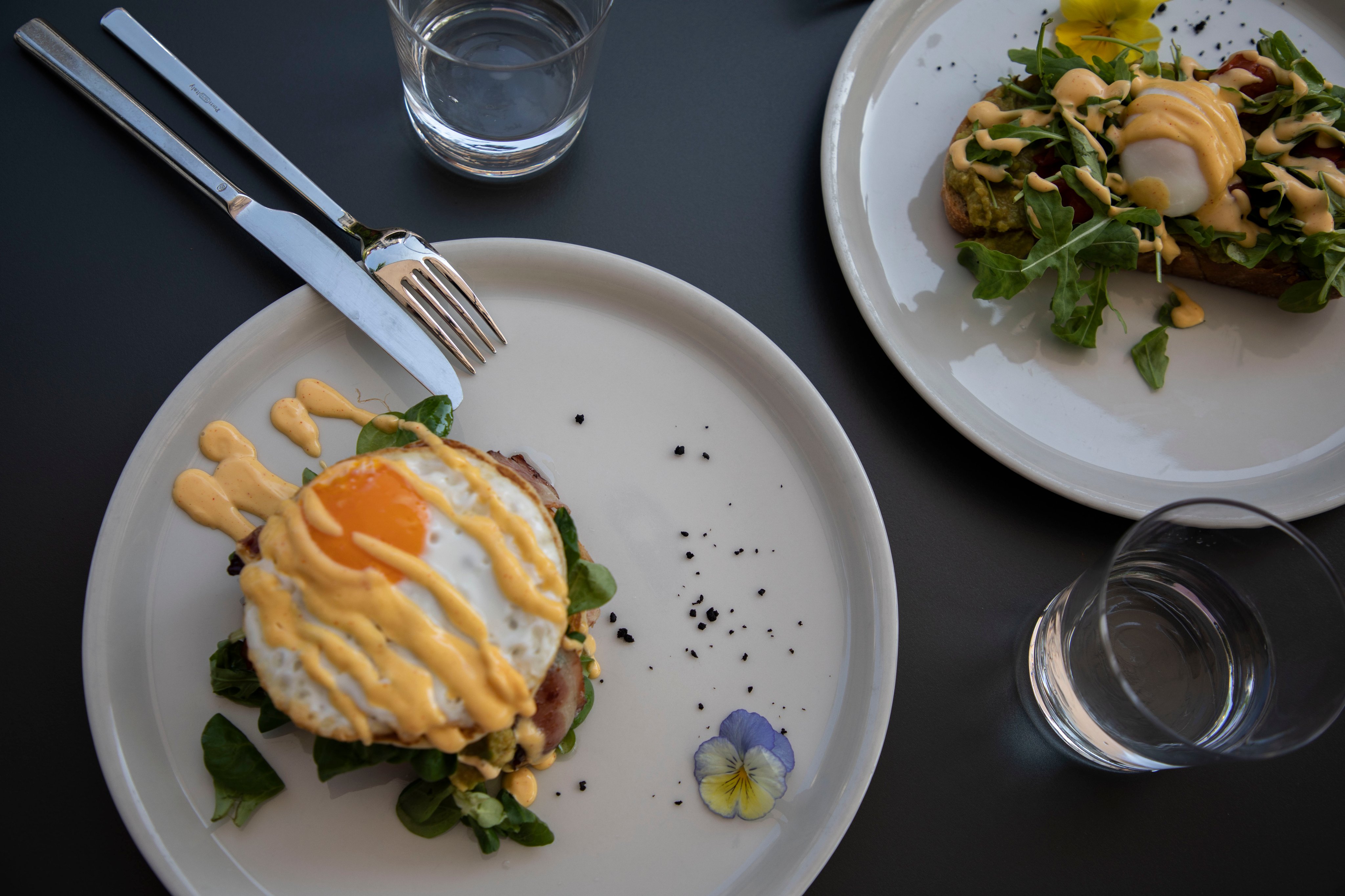 Avocado-Toast und die Savoury Pancakes EK schön serviert uf zwei Tellern.