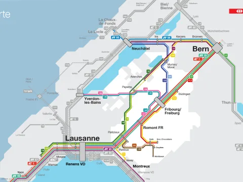 Diese visuelle Darstellung zeigt die Veränderungen des Bahnverkehrs im Kanton Freiburg in Form eines Schemas. Alle Änderungen sind auch im folgenden Text aufgelistet.
