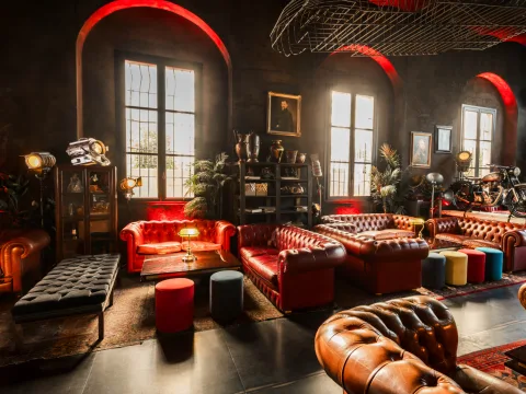 Locale con illuminazione d’atmosfera e grandi divani e una moto come decorazione.