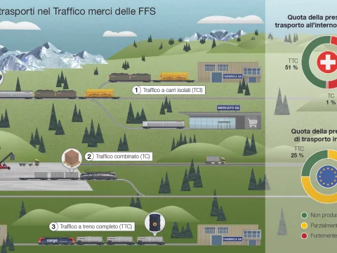 Infografica con 3 offerte di trasporto nel traffico merci delle FFS: traffico a carri isolati (fortemente deficitario), traffico combinato (parzialmente deficitario) e traffico a treni completi (copertura dei costi).