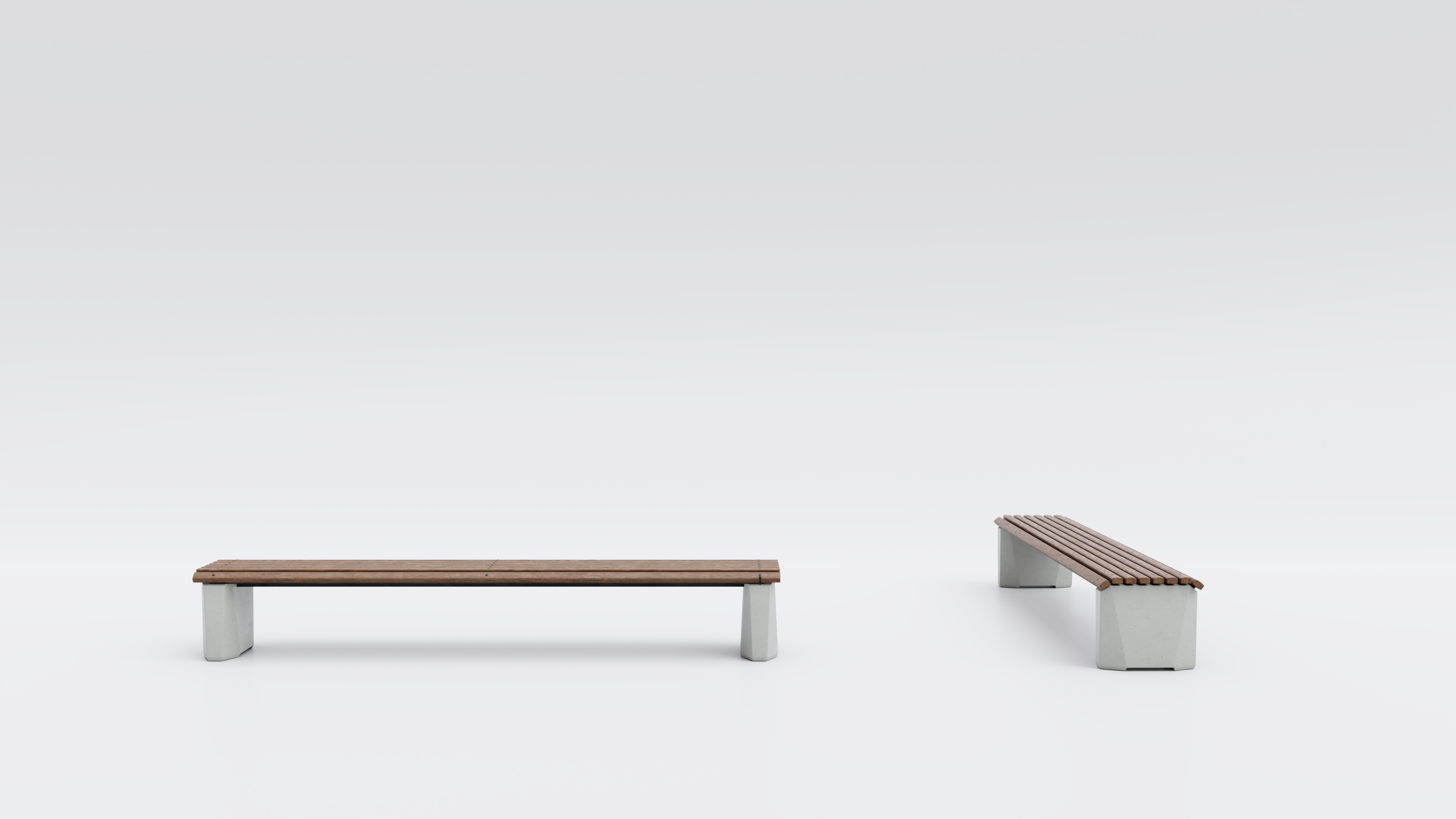 Visualisation of the bench seat without backrest. The bench seat is made of wood and concrete bases made of recycled concrete.