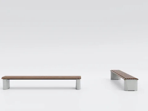 Visualisation of the bench seat without backrest. The bench seat is made of wood and concrete bases made of recycled concrete.