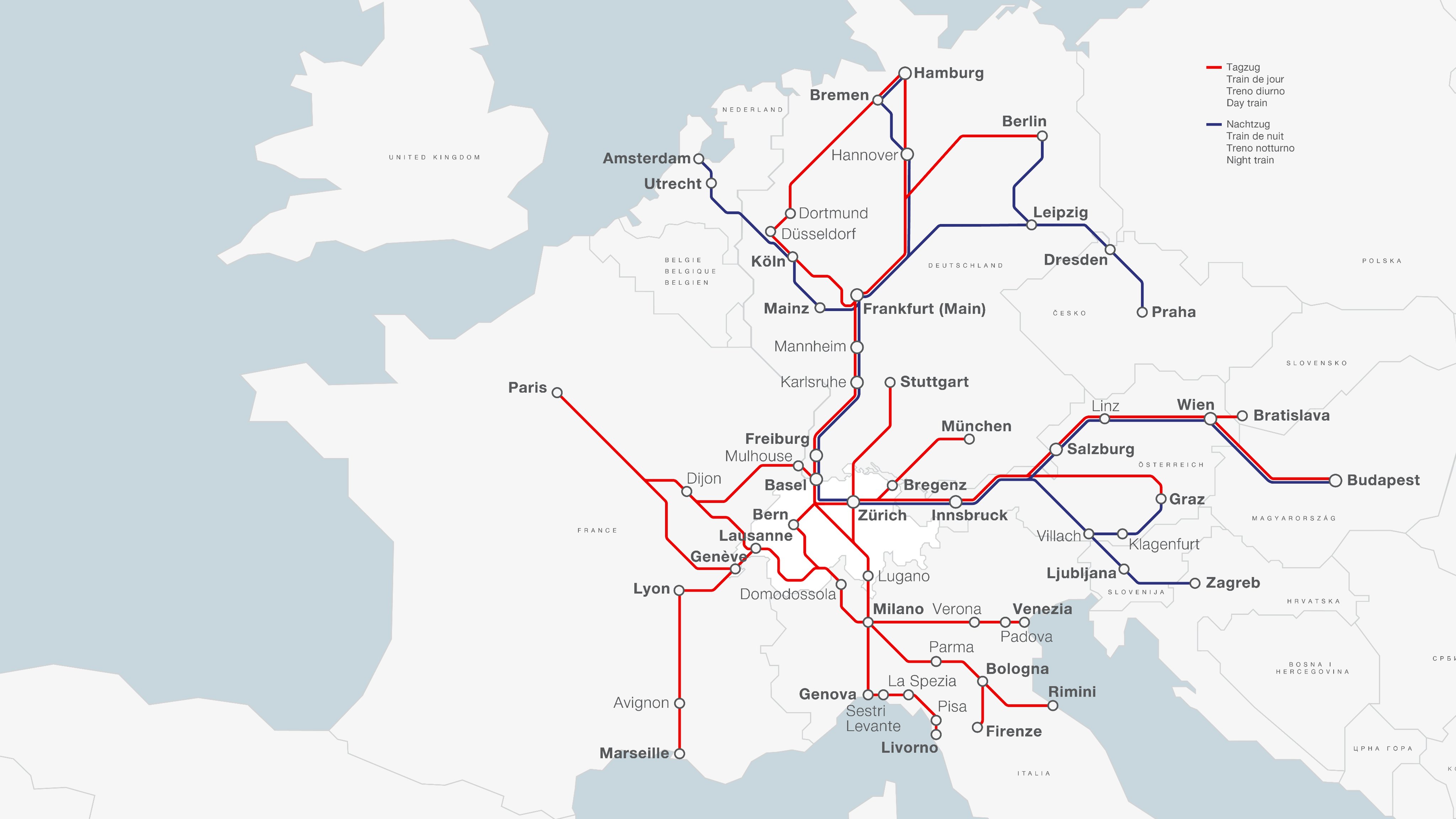 Diagram of daytime and night train connections between Switzerland and numerous European destinations