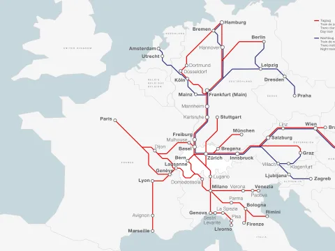 Diagram of daytime and night train connections between Switzerland and numerous European destinations