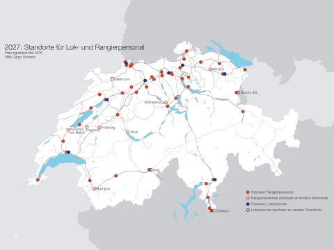 Schweizer Karte mit Standorten für Lok- und Rangierpersonal von SBB Cargo Schweiz wie im vorherigen Text erwähnt.