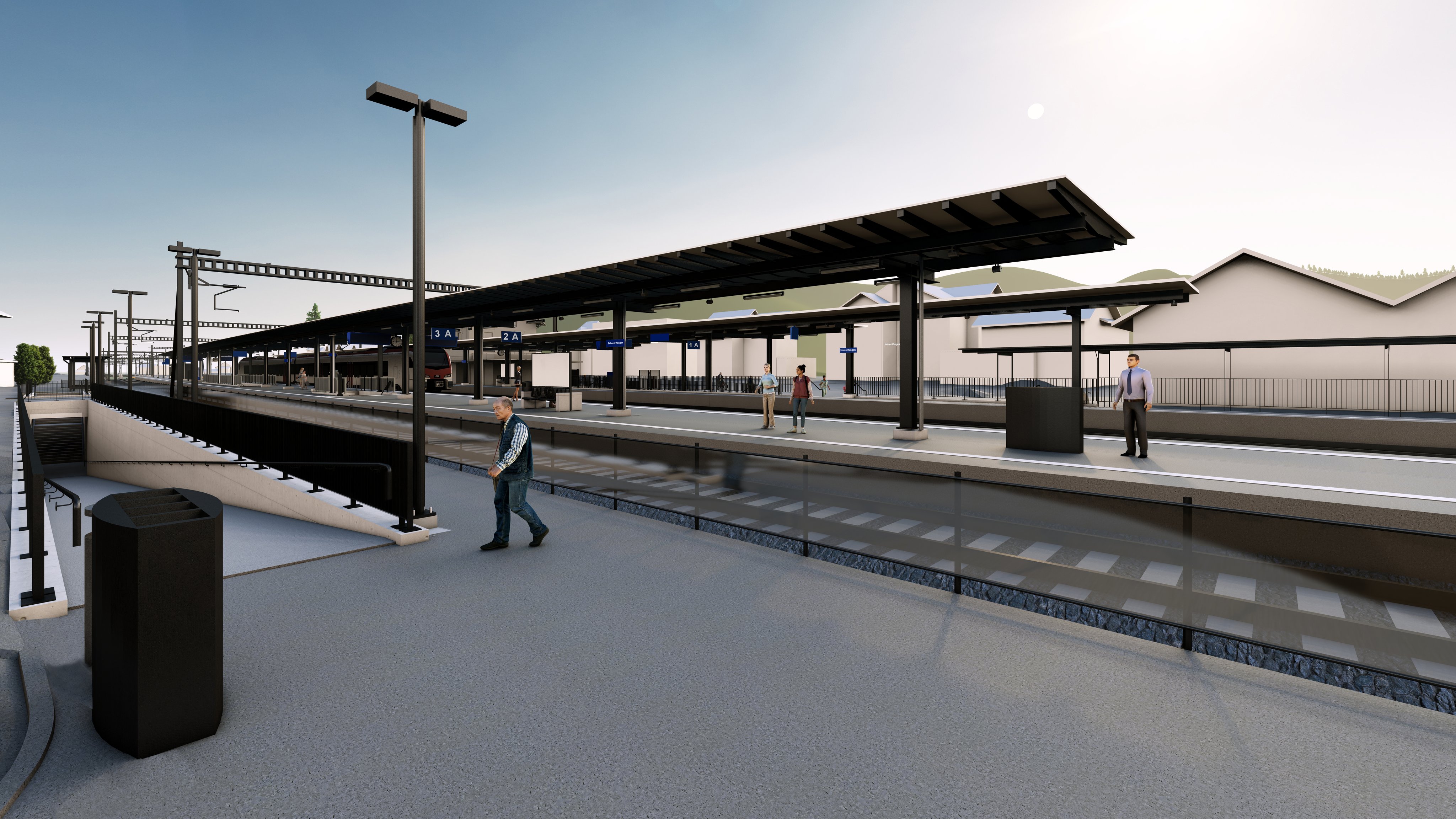 Eine computergenerierte Visualisierung des künftigen Bahnhofs Siebnen-Wangen
