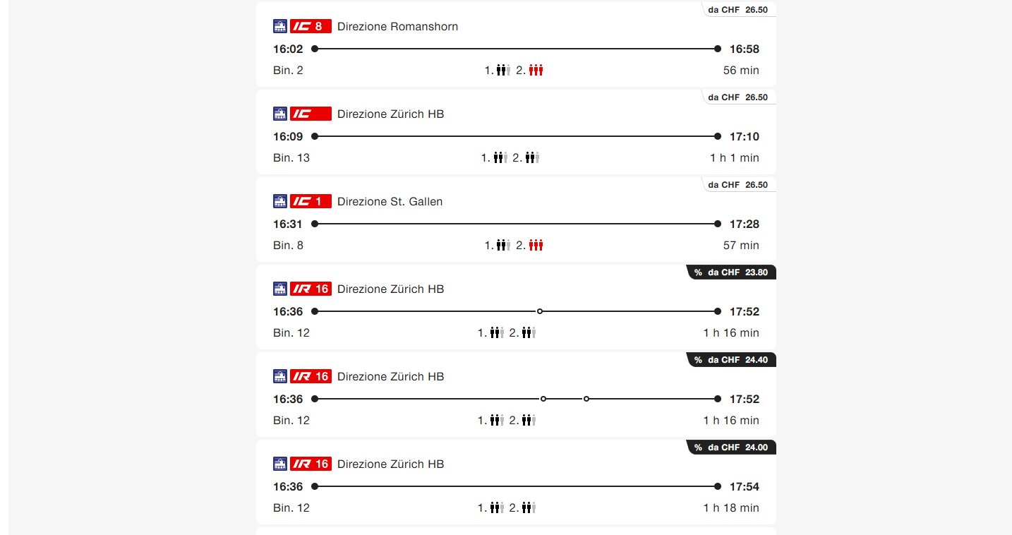 I collegamenti ferroviari con gli orari di partenza e di arrivo. Sotto ogni collegamento sono raffigurati tre «omini»; in parte inattivi (in grigio), oppure di colore nero o rosso.