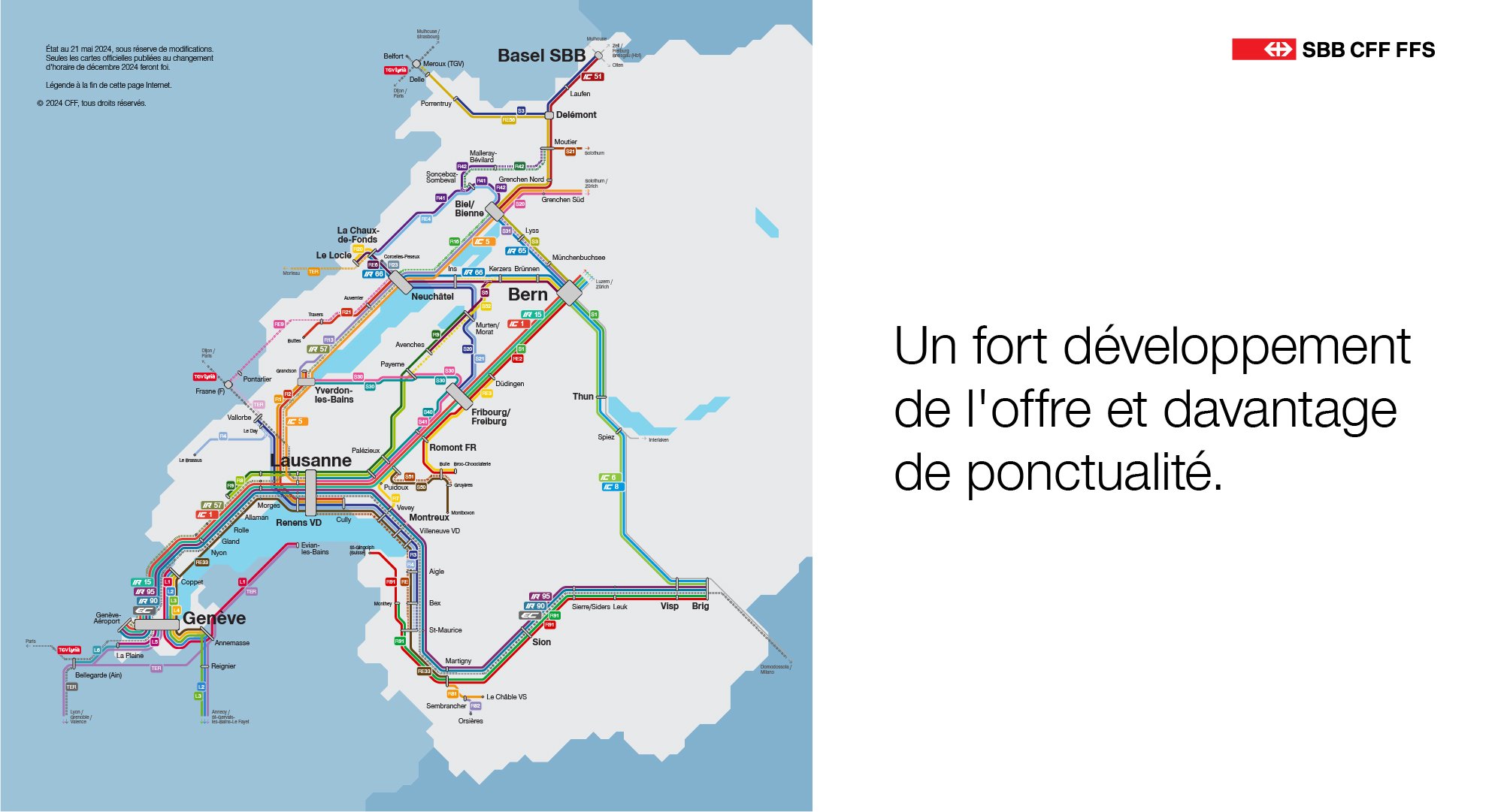 Ce visuel illustre la circulation des trains en Suisse romande sous la forme d'un schéma portant la mention : "Un fort développement de l'offre et davantage de ponctualité." 