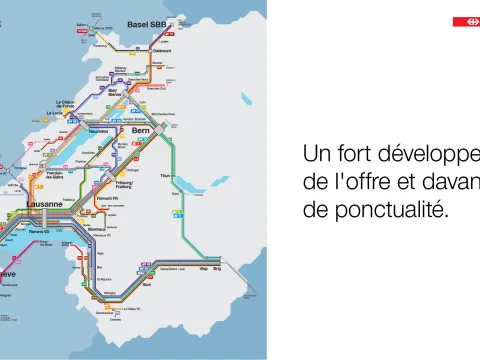 Ce visuel illustre la circulation des trains en Suisse romande sous la forme d'un schéma portant la mention : "Un fort développement de l'offre et davantage de ponctualité."
