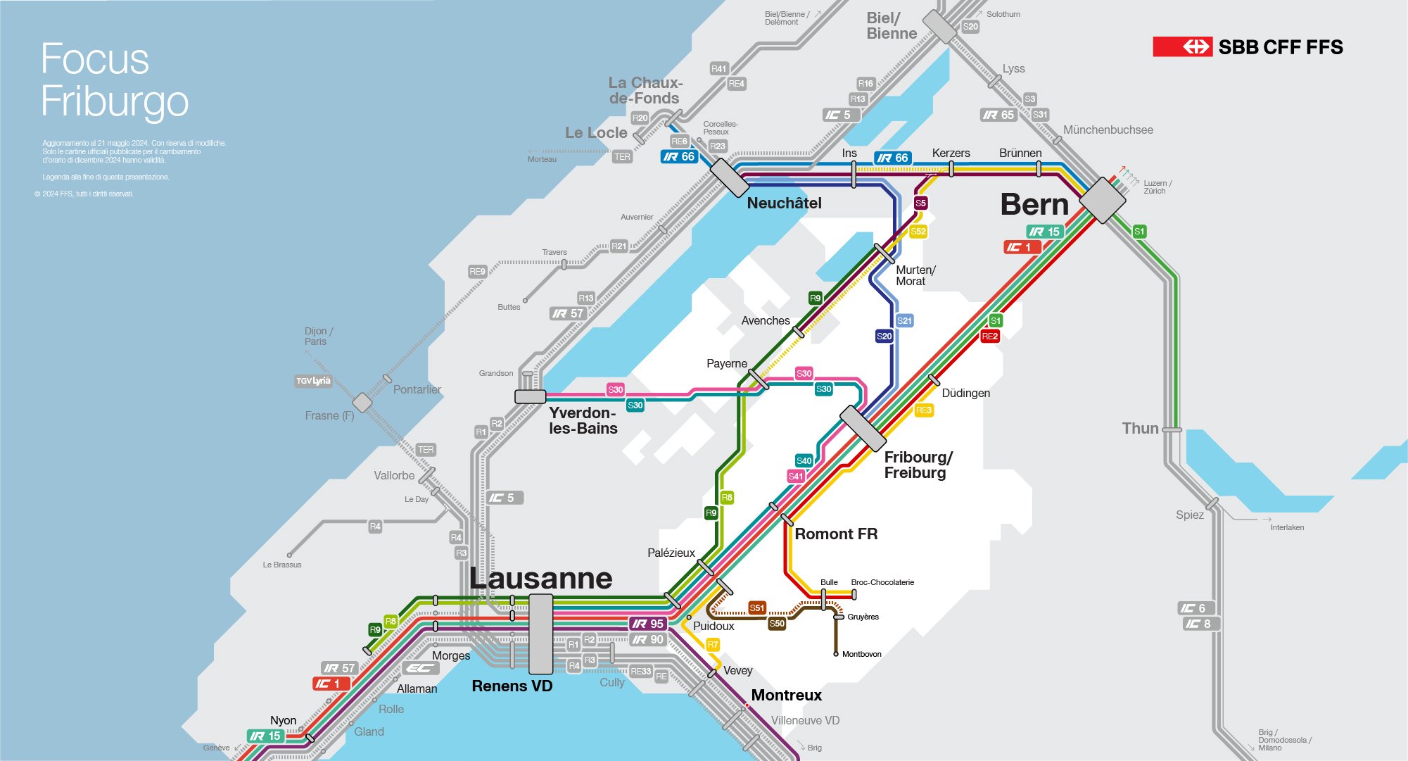 Questa immagine mostra in forma diagrammatica i cambiamenti del traffico ferroviario nel Cantone di Friburgo. Tutte le modifiche sono elencate anche nel testo sottostante.