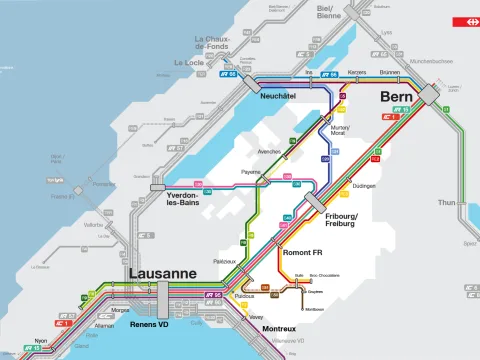 Questa immagine mostra in forma diagrammatica i cambiamenti del traffico ferroviario nel Cantone di Friburgo. Tutte le modifiche sono elencate anche nel testo sottostante.