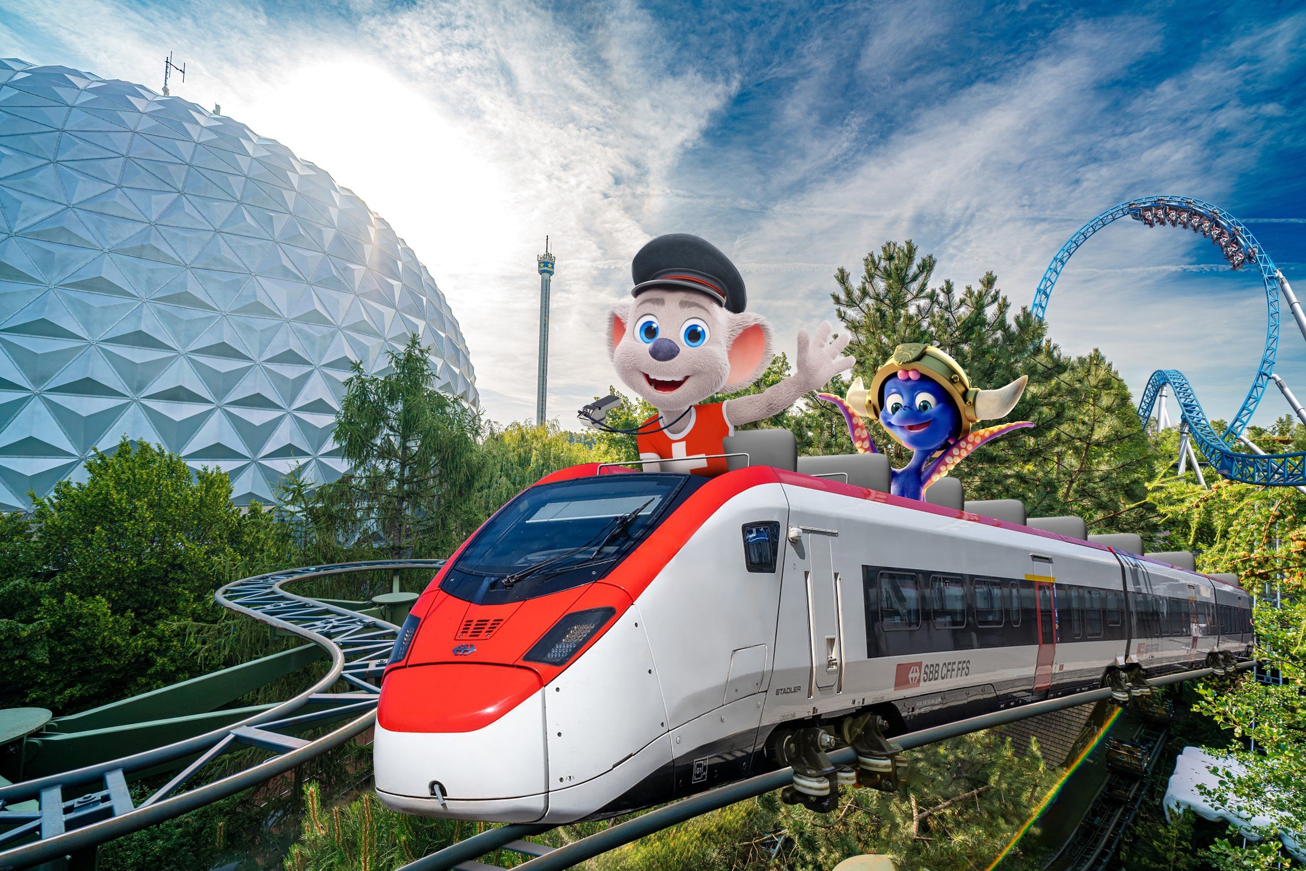Symbolbild eines SBB Giruno-Zugs mit den Europa-Park Maskottchen.