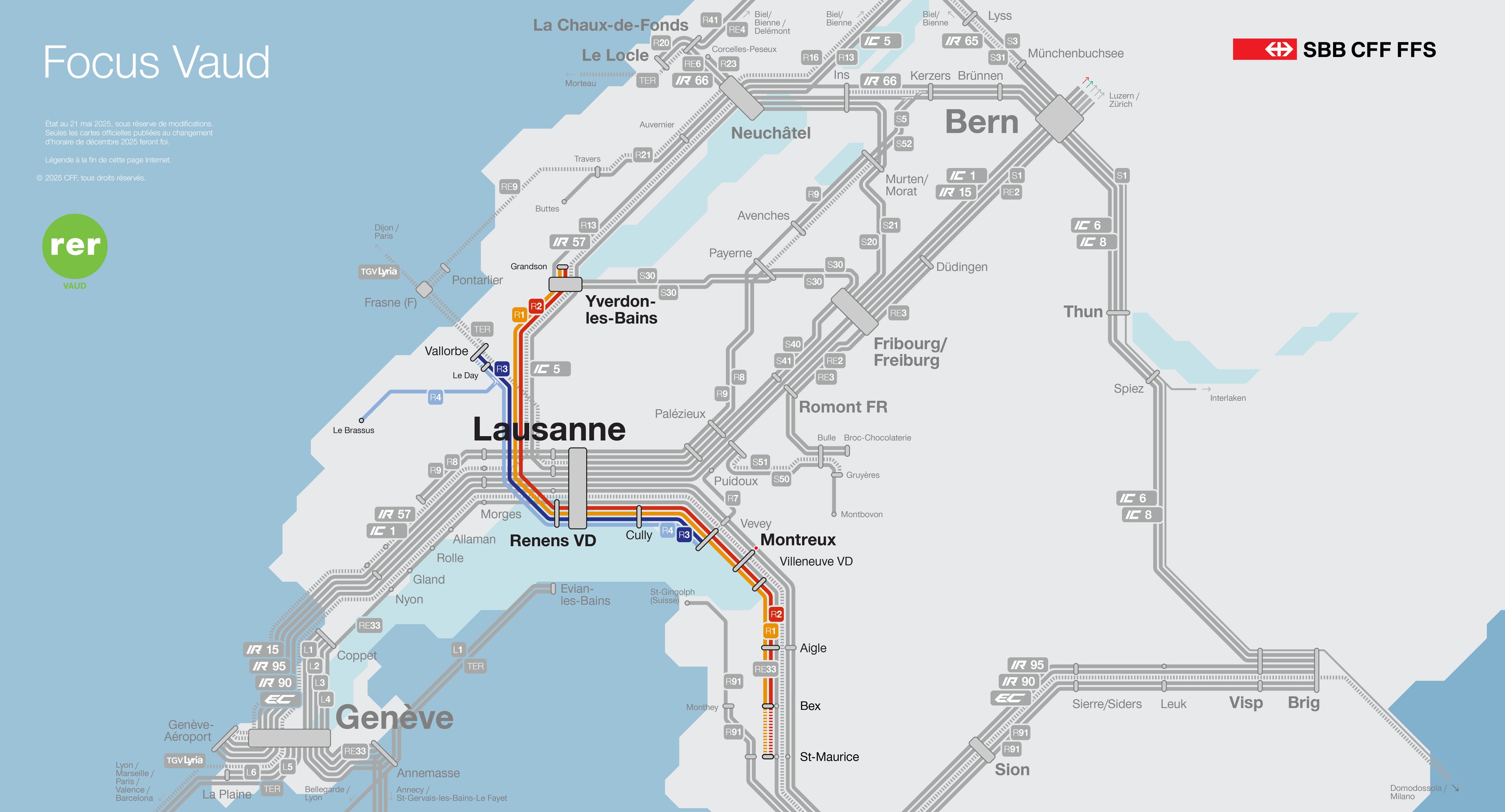Carte avec un aperçu des principales nouveautés de l’horaire 2026 dans le RER Vaud.