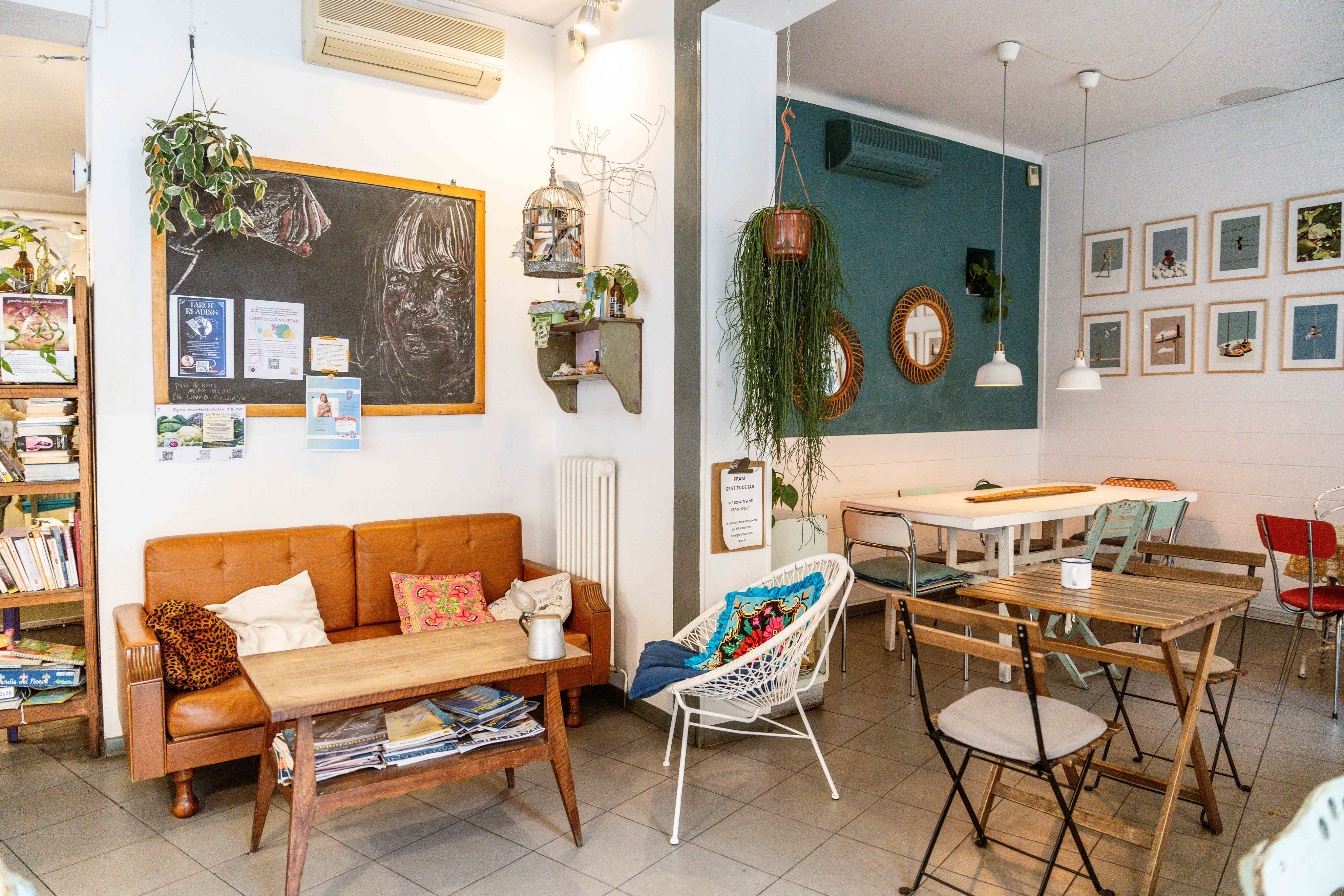 Cosy café with vintage furniture, plants and ornate details