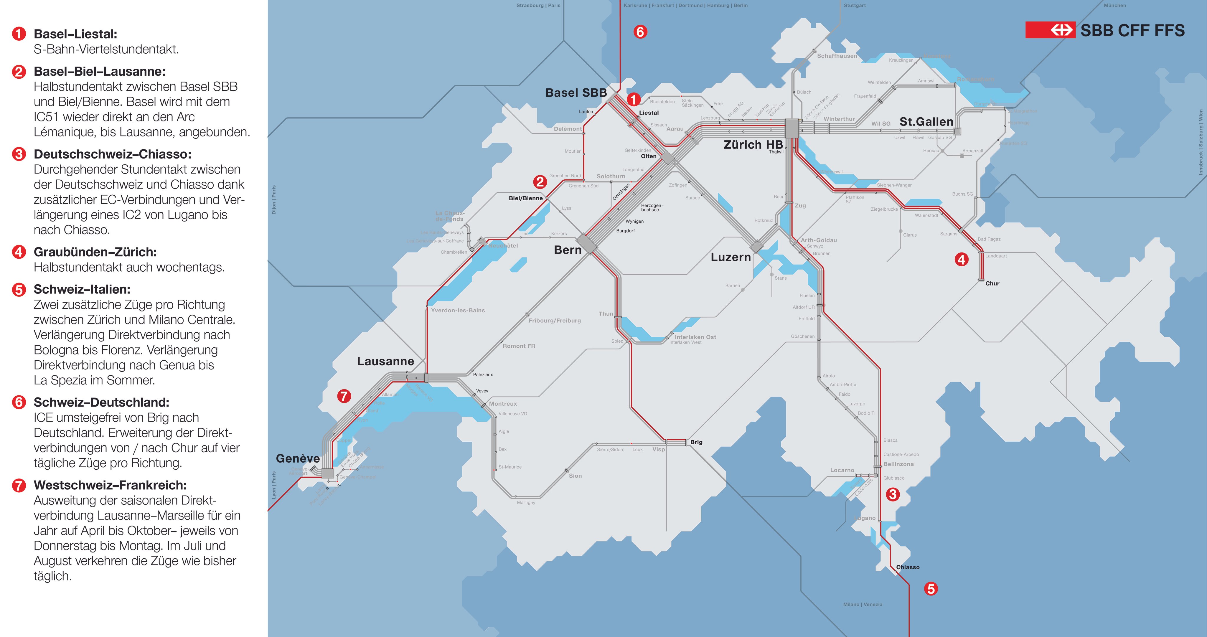 Karte mit einer Übersicht zu den wichtigsten Neuigkeiten im Fahrplan 2026.