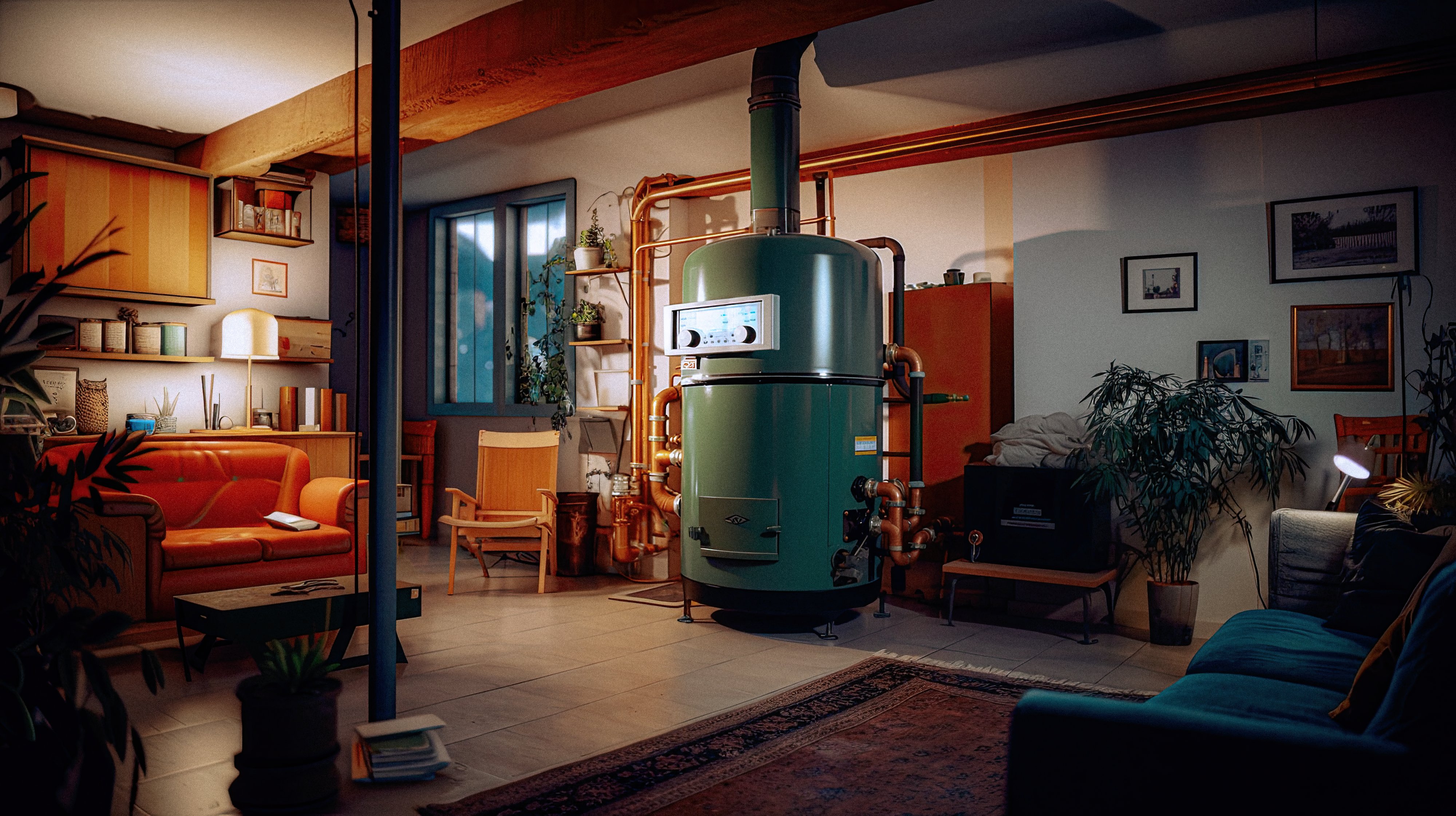 Öljylämmityslaite asunnon olohuoneessa