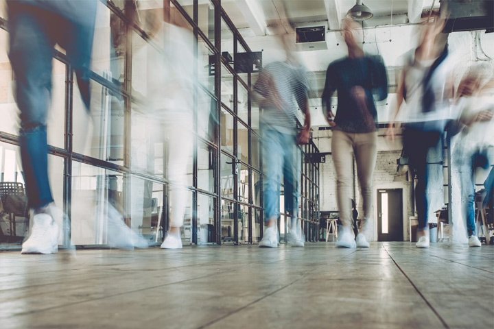 Action shot of busy hallway