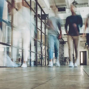 Action shot of busy hallway