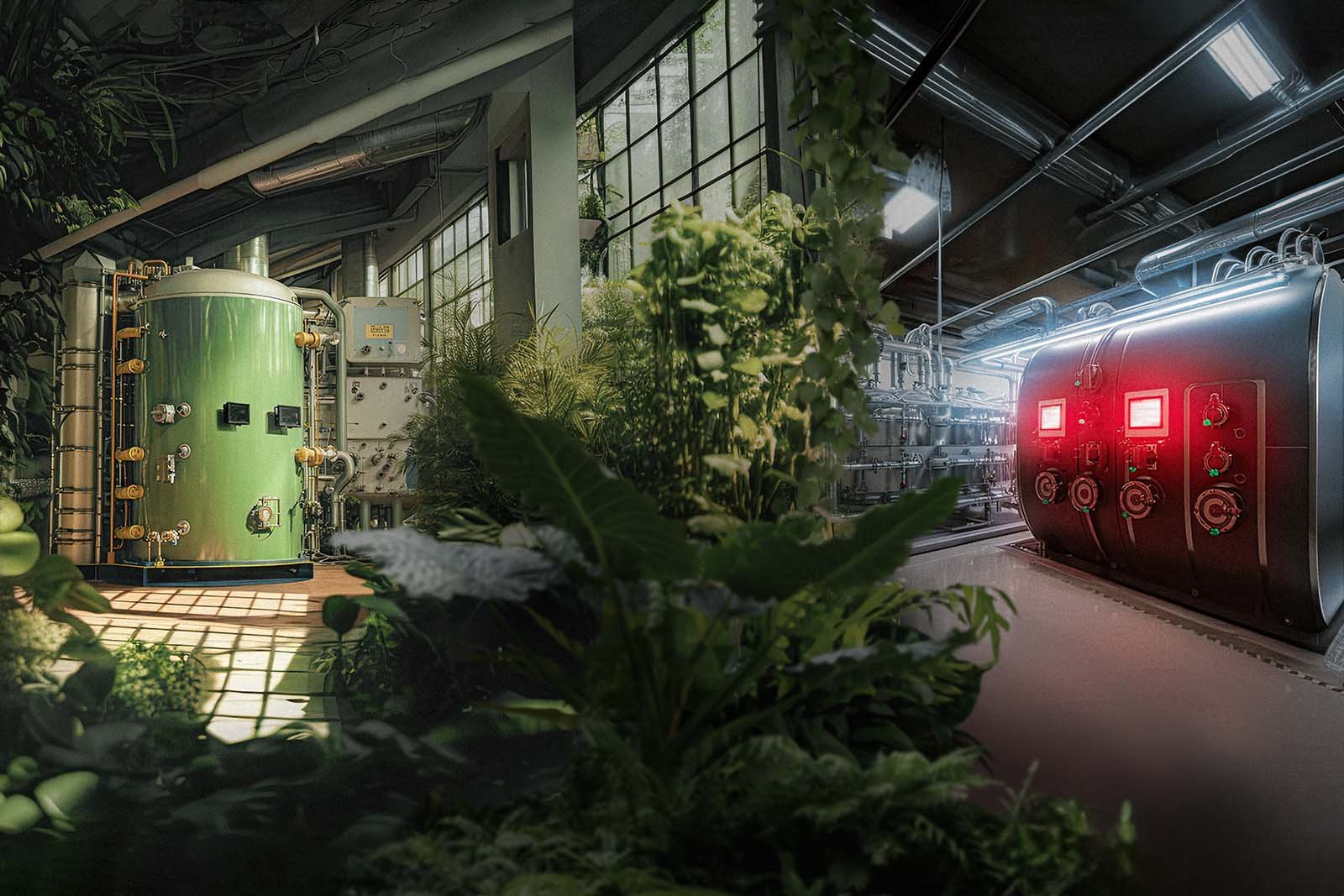 Lämmityskattila kasvihuoneessa sekä lämmityskattila modernissa teollisessa tilassa