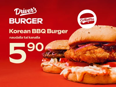 Korean BBQ Burger 5,90. Kuvassa kaksi hampurilaista punaista liukuväritaustaa vasten.