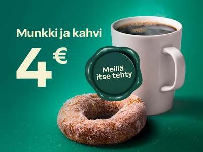 Kahvi ja munkki yhteishintaan 4 €