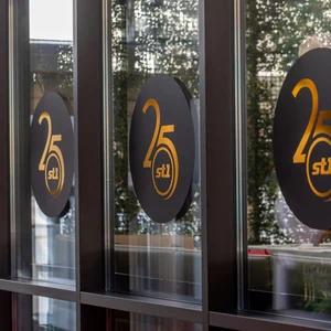 25th anniversary decorations on glass windows