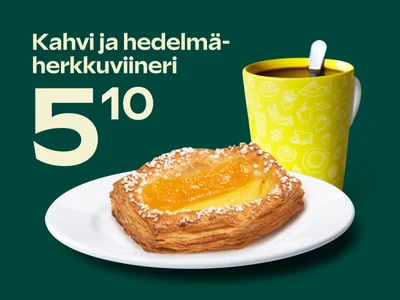 Kahvi ja hedelmäherkkuviineri yhteishintaan 5,10 €