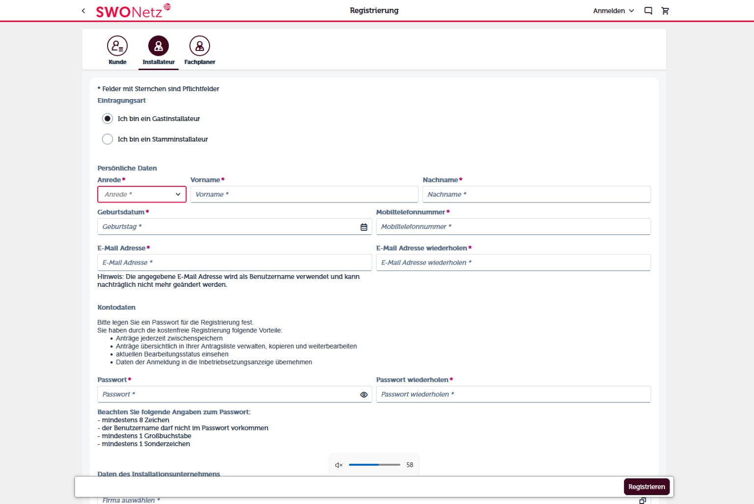 Ansicht der Registrierung für Installateure im Netzportal