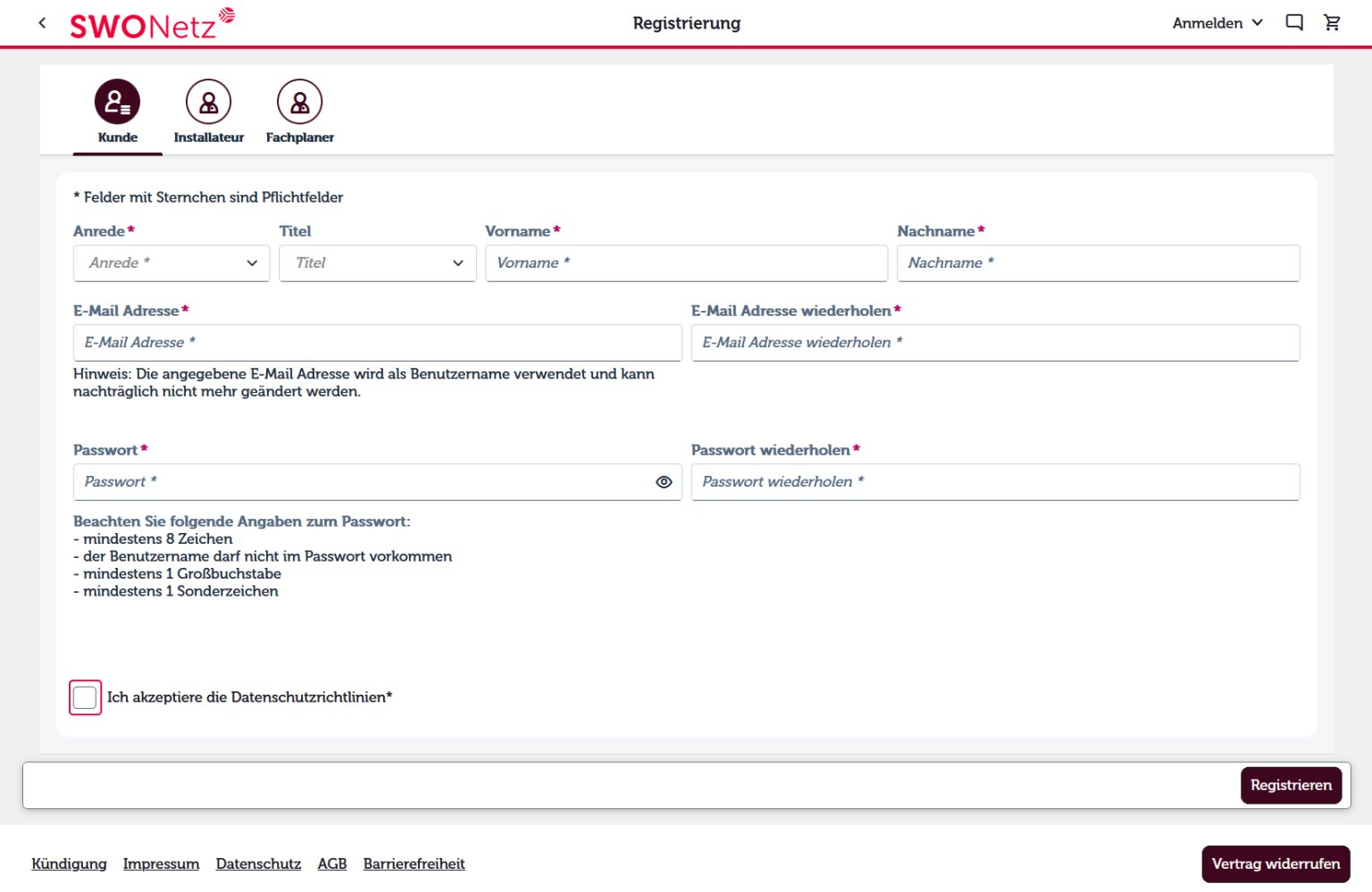 Ansicht der Kunden-Registrierung im Netzportal der SWO Netz
