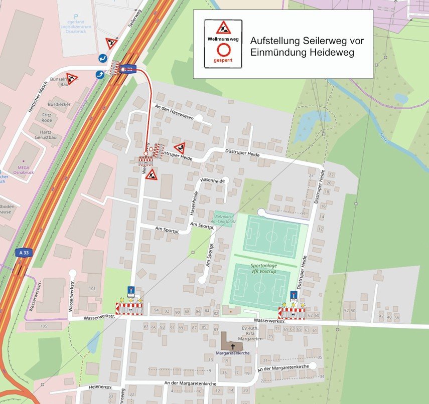 Karte zeigt die Sperrung des Wellmannswegs wegen Seilverlegung vor der Einmündung Heideweg.