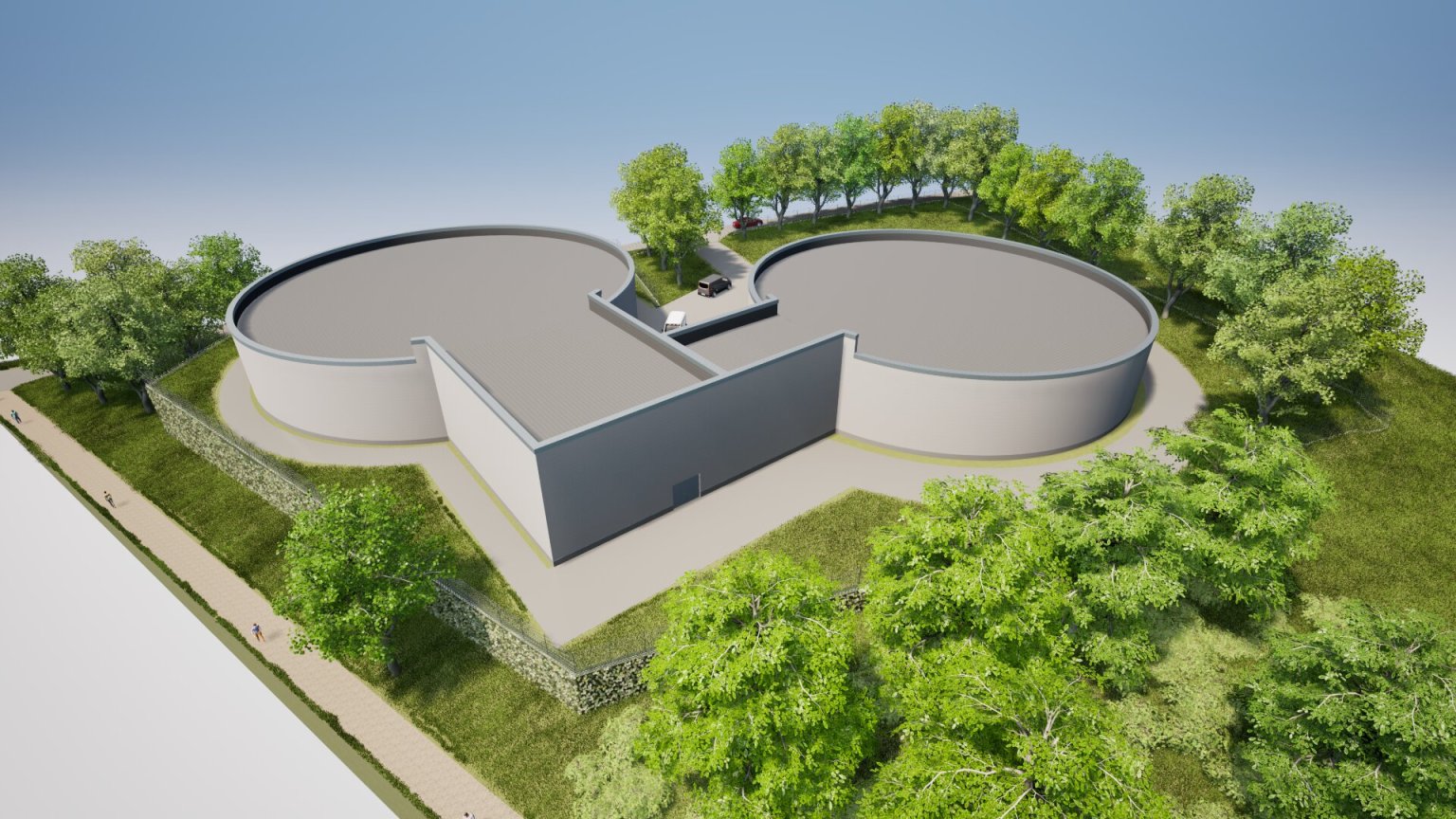 Drohnenansicht des Modells des Neubaus Hochbehälter Schinkelberg