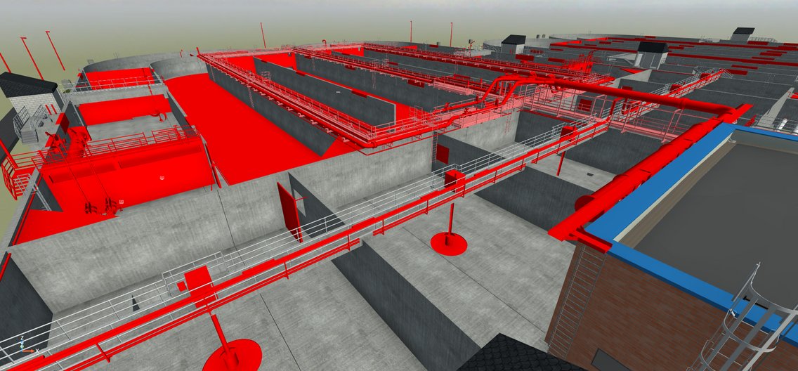 3D-Modell eines Gebäudes mit roten Rohren, grauen Wänden und offenen Räumen.