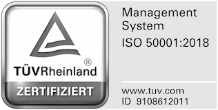 Alt-Text: TÜV Rheinland Logo mit Management System Zertifizierter ISO 50001:2018 Abbildung