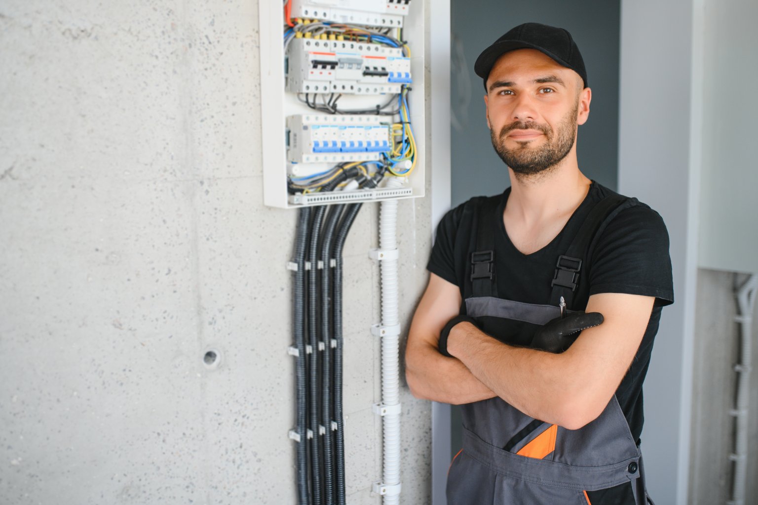 Ein Mann in Arbeitskleidung steht vor einem geöffneten Elektroverteilerkasten.