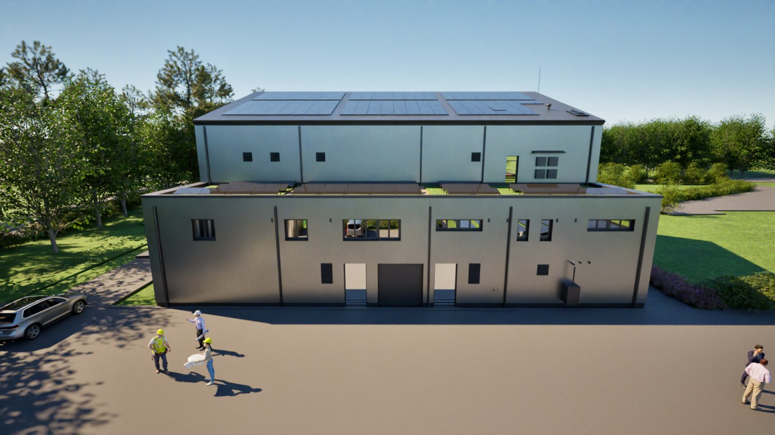 Modellierte Frontansicht des Neubau Wasserwerk Thiene © SWO Netz