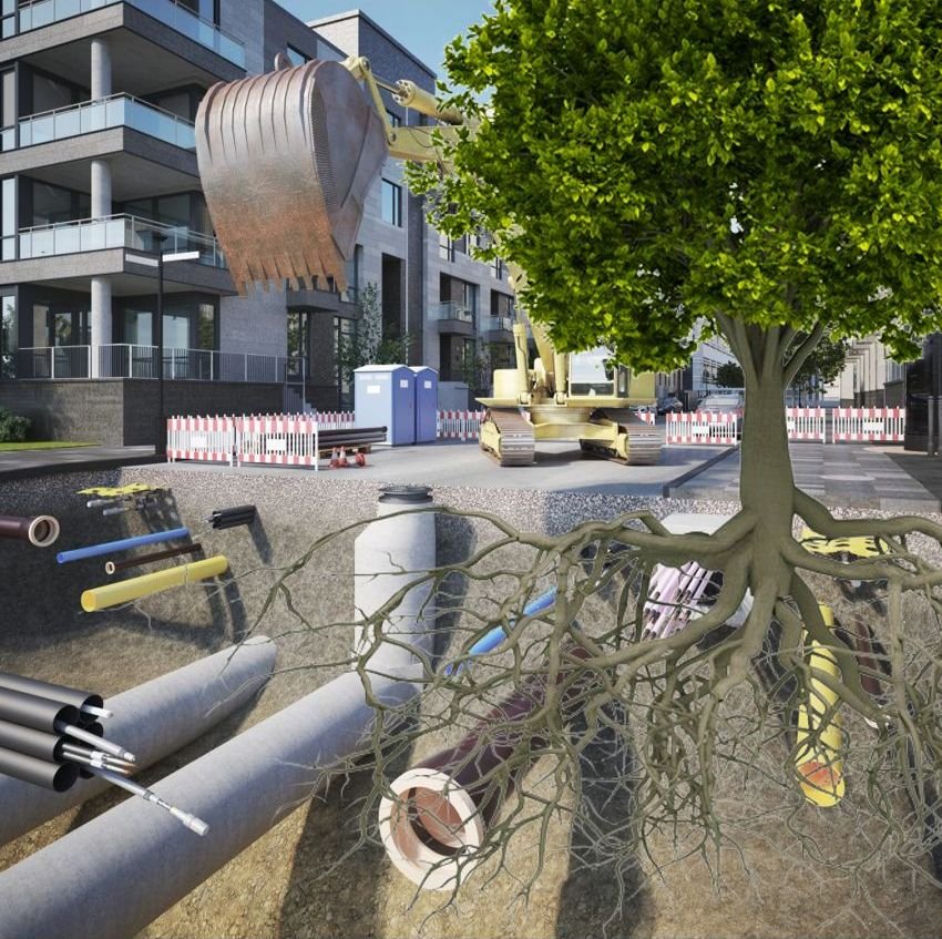 Eine 3D-Darstellung zeigt den Untergrund mit verschiedenen Leitungen. Besonders auffällig ist ein Baum, dessen Wurzeln sich um eine Gasleitung schlängeln.