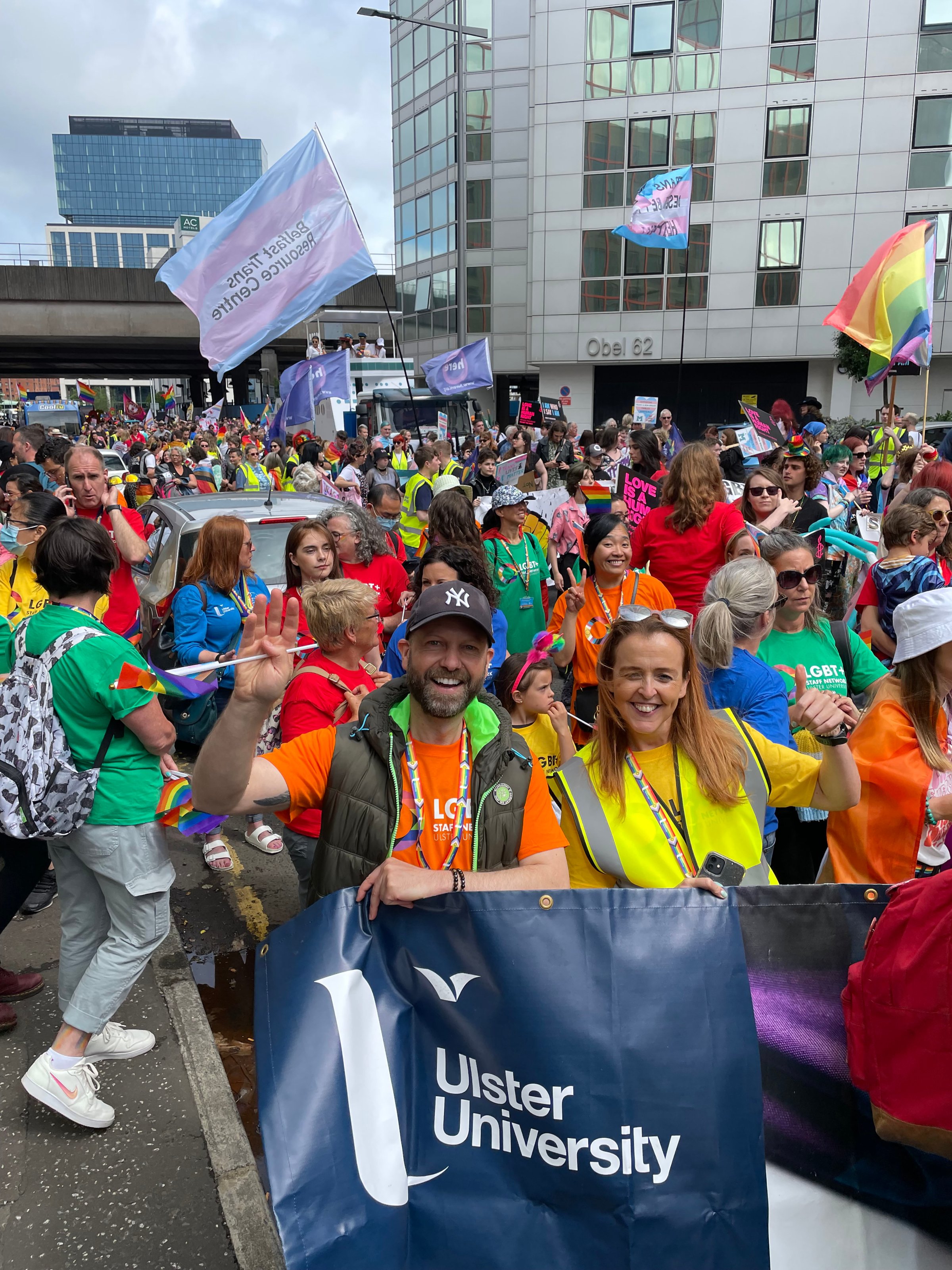 A group of Ulster staff and students marching in the Belfast Pride parade