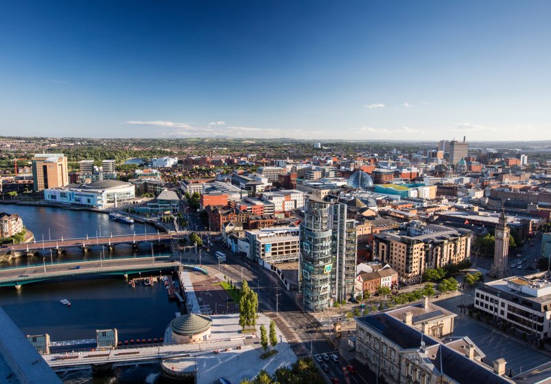 Belfast city centre skyline near Academy Restaurant at Ulster University.