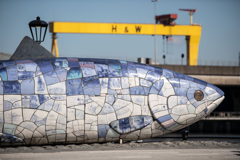 Fish sculpture in Belfast representing the city's maritime and seafood heritage.