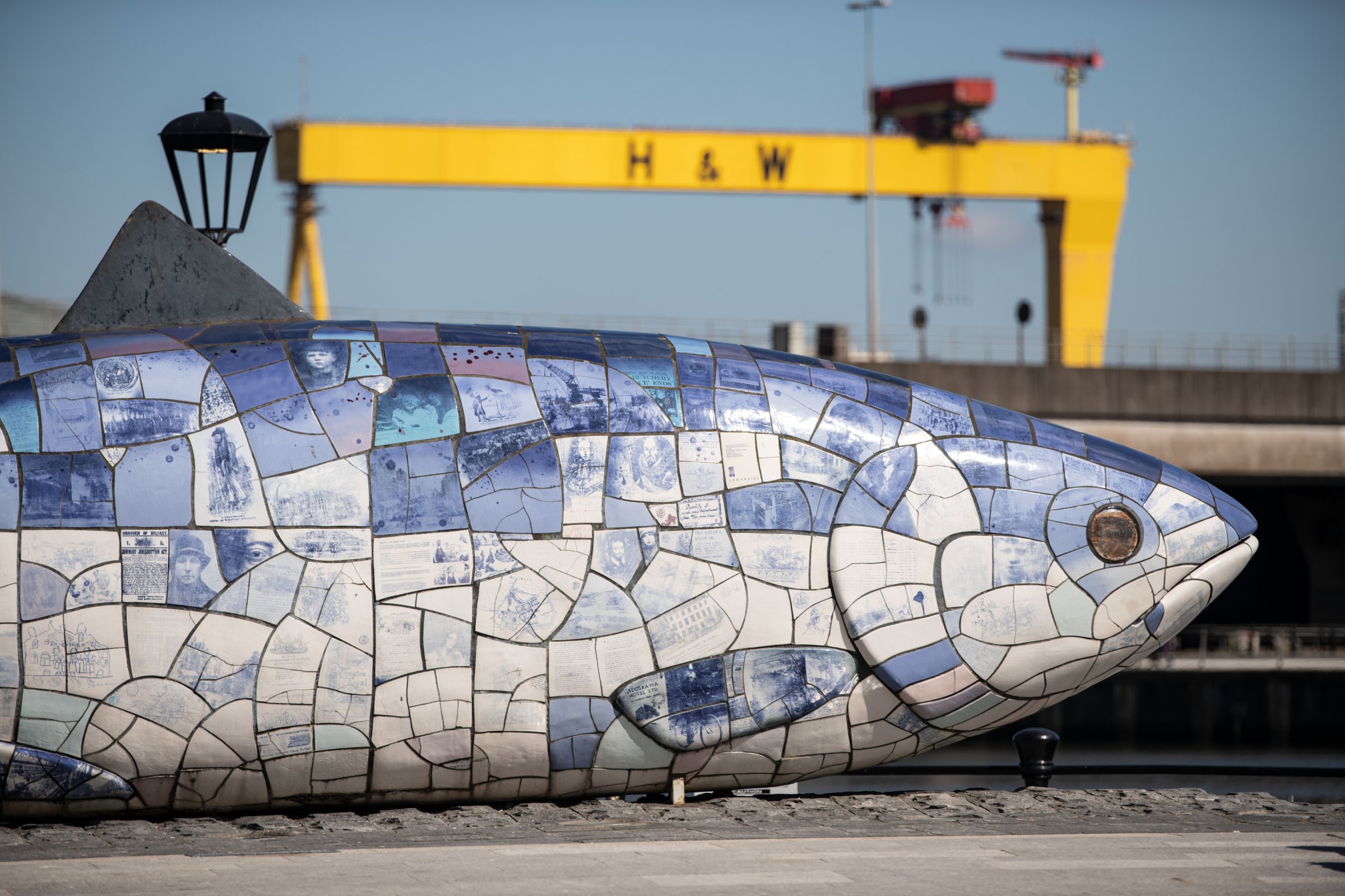 Fish sculpture in Belfast representing the city's maritime and seafood heritage.
