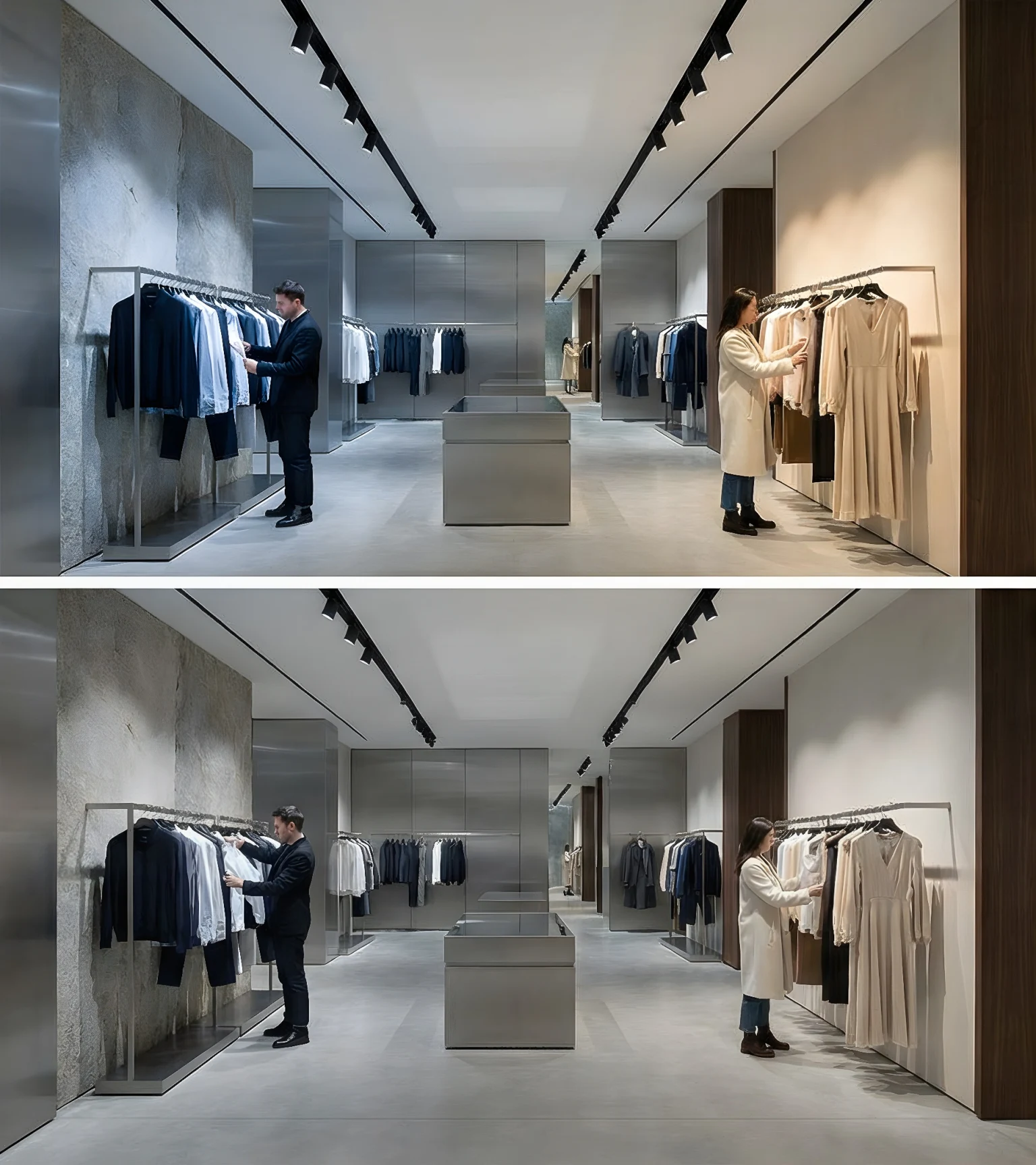 Zwei Personen beim Einkaufen in einem High-Fashion-Einzelhandelsgeschäft