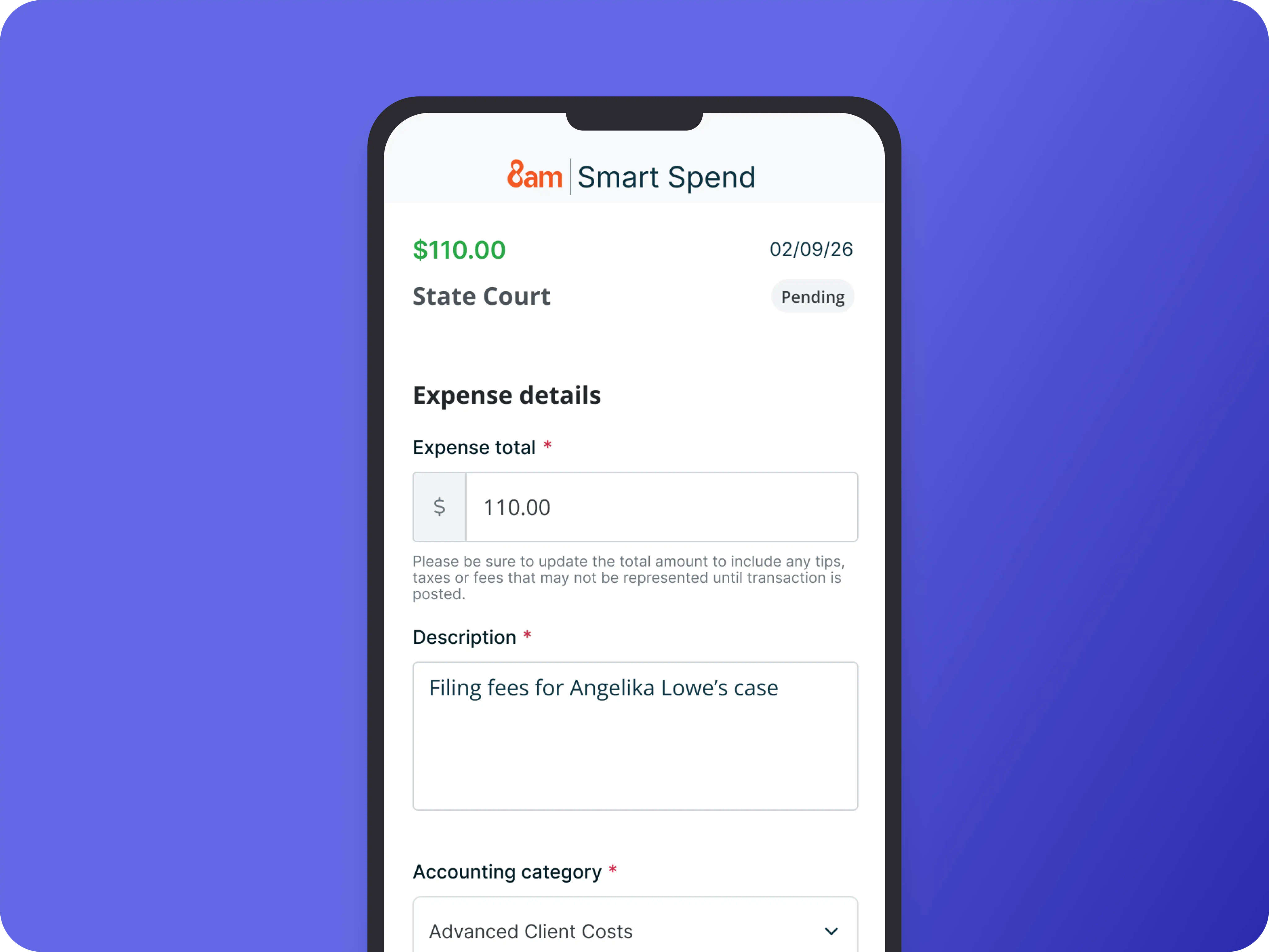 Mobile expense tracking app showing $65 courthouse charge with receipt upload and expense details form.