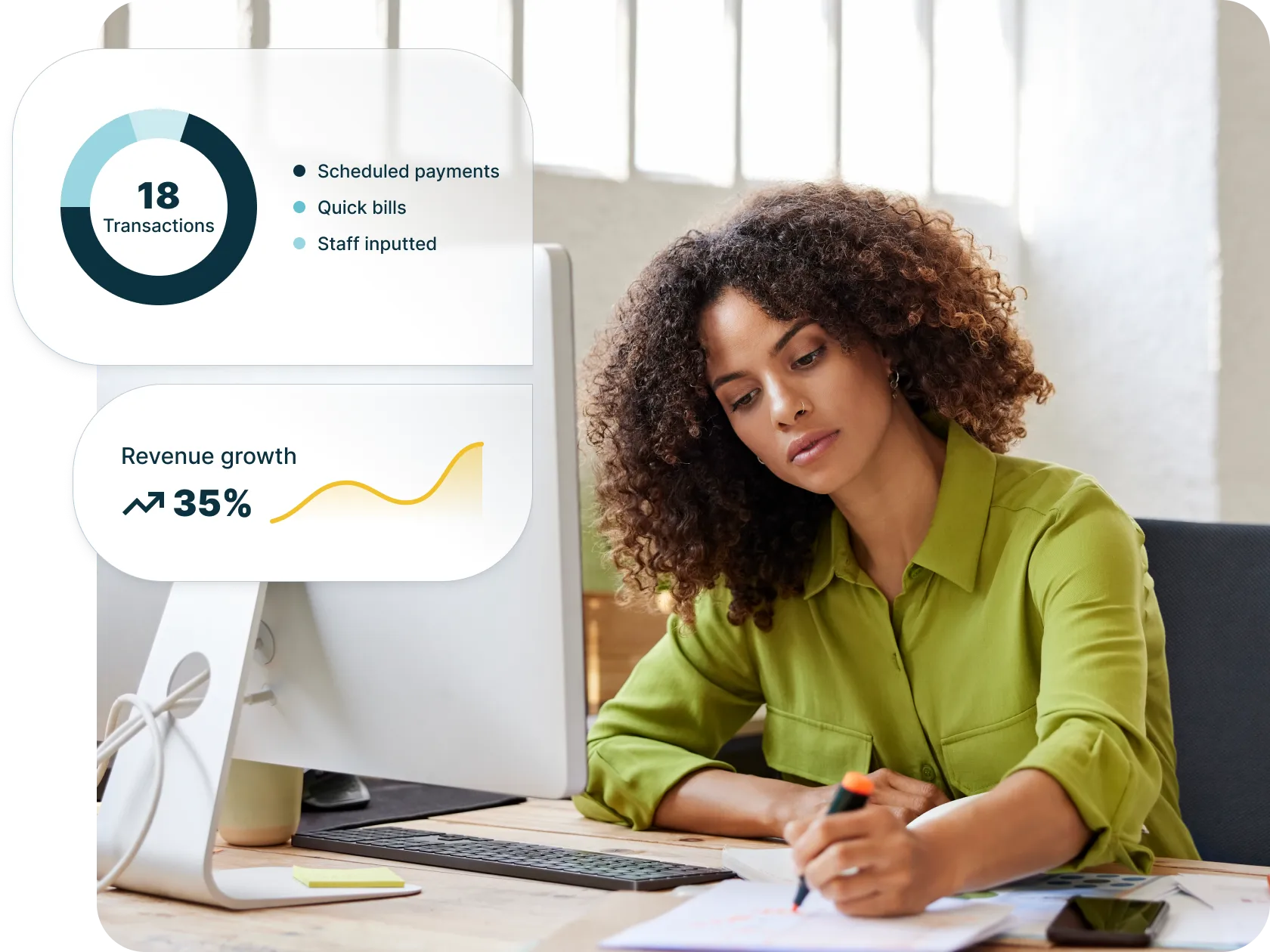 Woman reviewing reports at desktop with dashboard showing transactions and revenue growth, illustrating billing software for professional services and financial performance tracking.