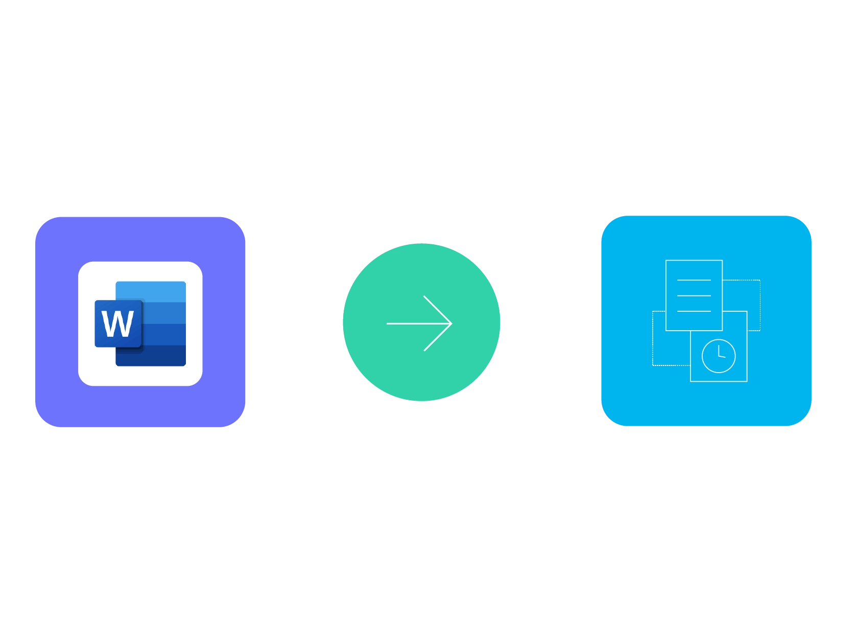 a green arrow points from a word app icon to a blue icon with documents