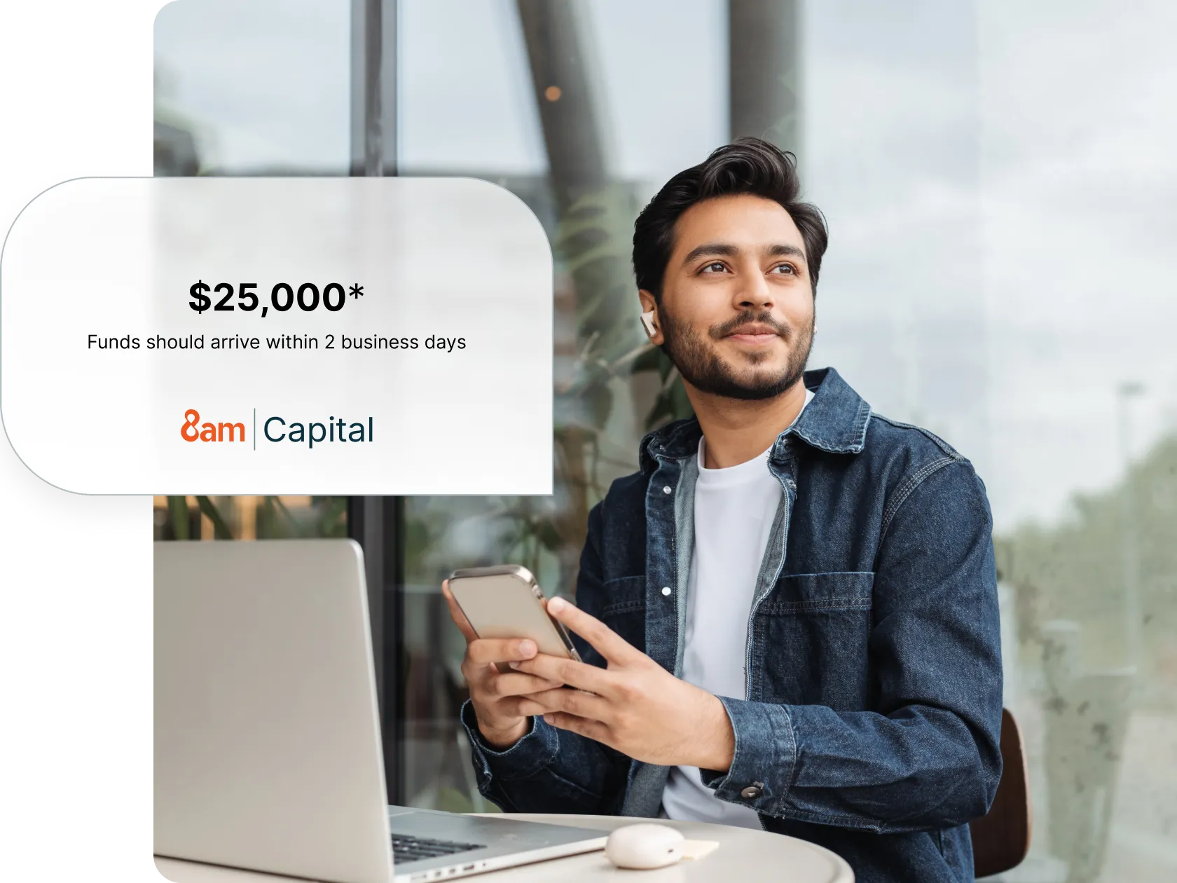 Man holidng phone smiling, with pop up speech bubble "funds should arrive in two business days"
