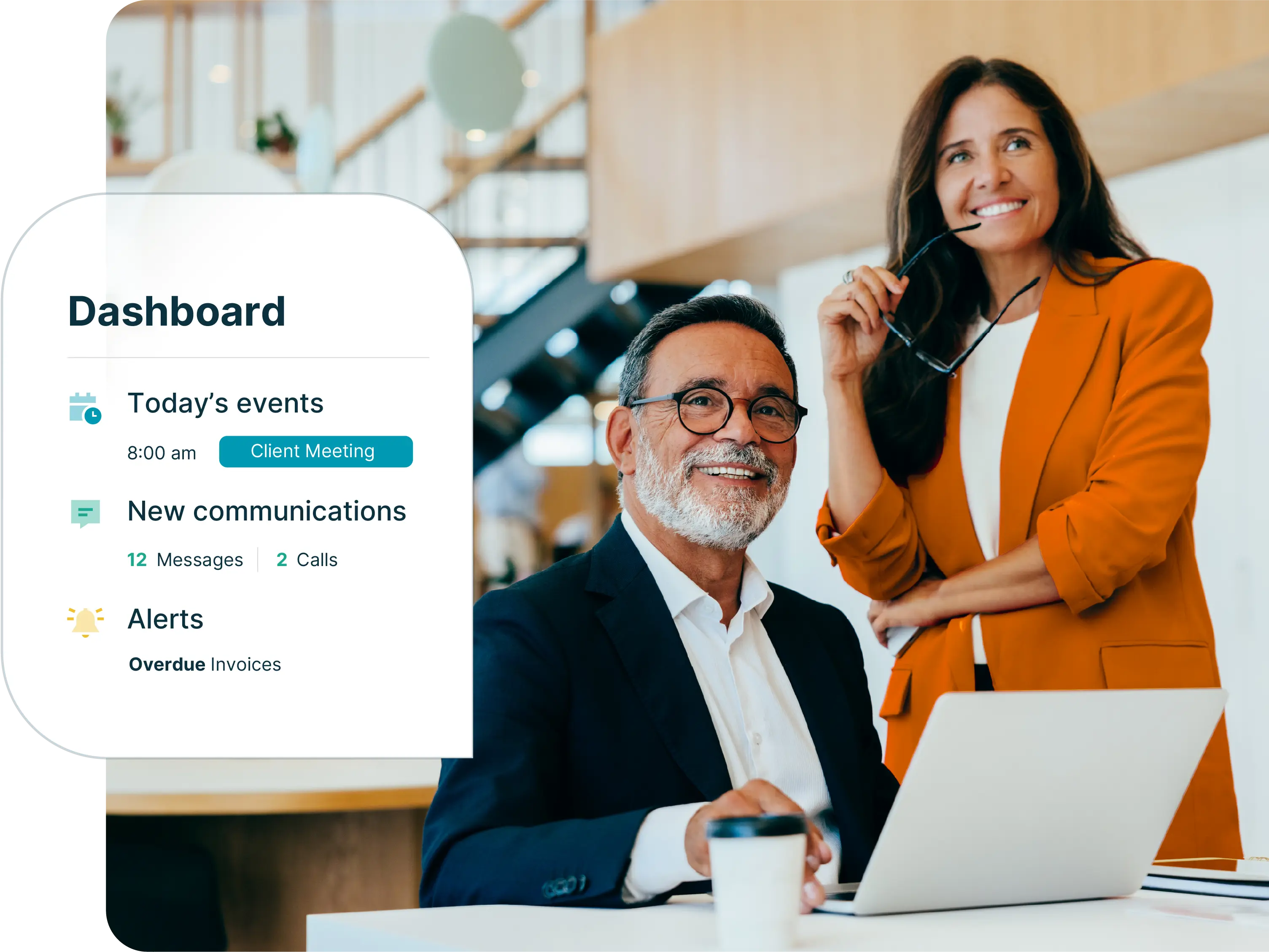 two professionals smiling, a text bubble pop up shows their work dashboard overview for the day
