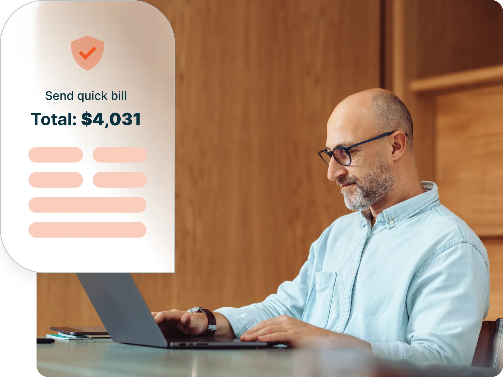 Man using laptop to send quick bill with total displayed, representing billing software for professional services and fast, secure invoicing workflow.