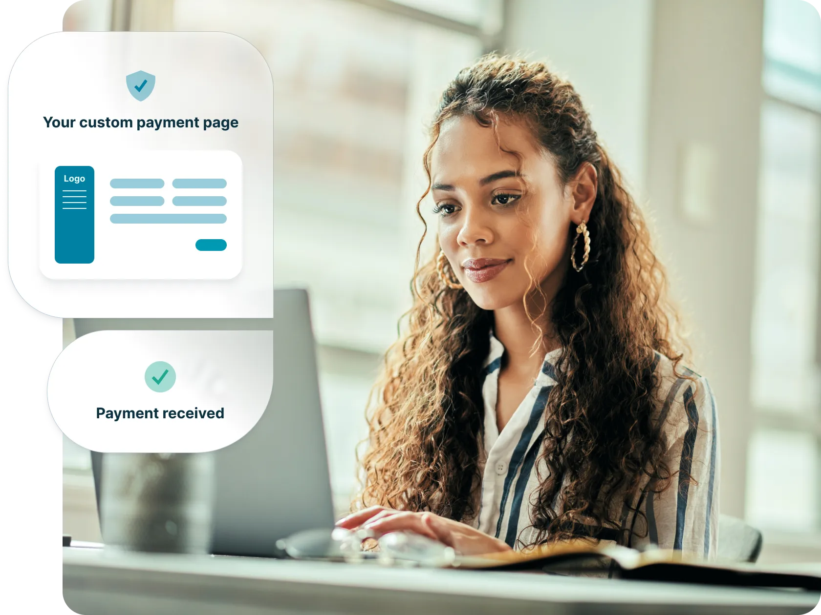 Woman working on laptop viewing custom payment page and payment received confirmation, representing billing software for professional services and streamlined online payments.