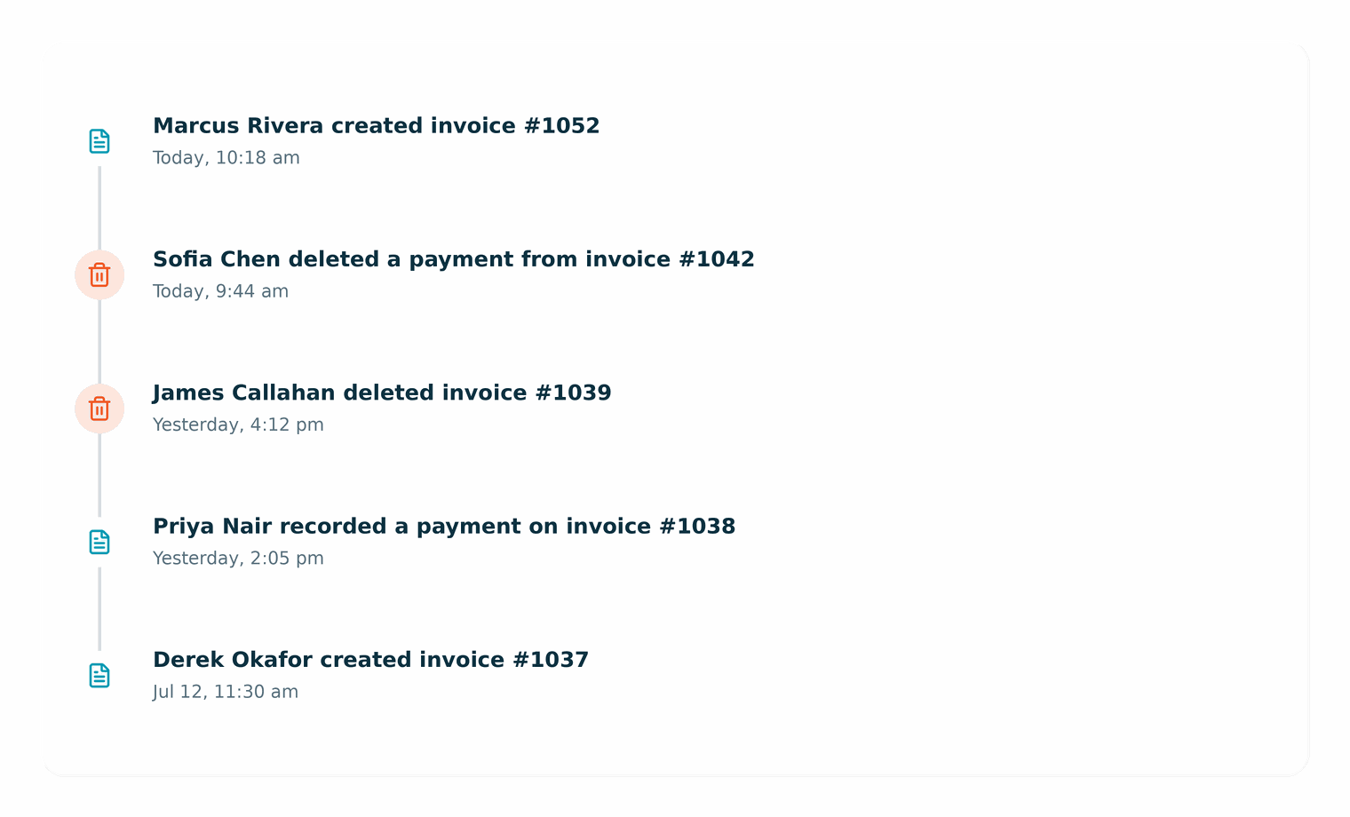 invoice and payment deletion info displayed on case timelines