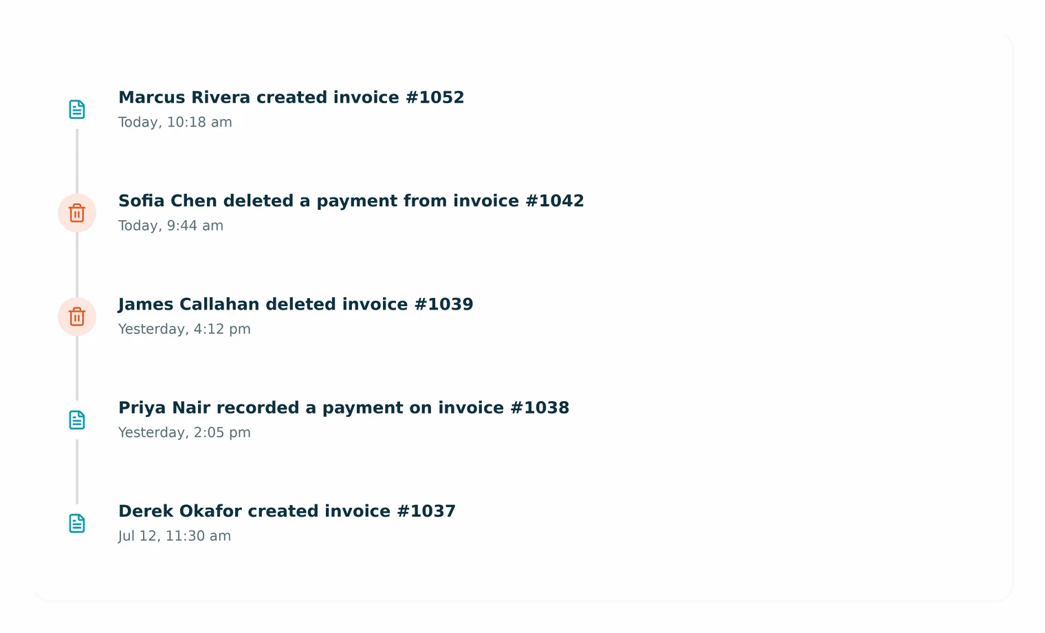 invoice and payment deletion info displayed on case timelines